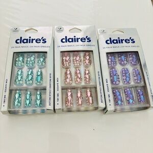 NEW 3 Claire’s Bling Bling Rhinestone Fake Nails Press Ons Pink Purple Blue